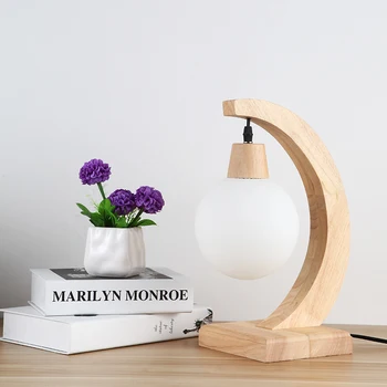 

Simple wood glass table lamp Nordic art bedroom bedside lamps wooden ball lamp creative personality YA72622