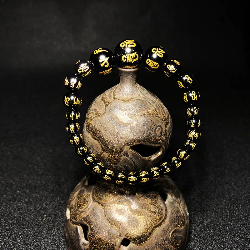

Brand Fashion Bracelet Natural Stone Bracelet Obsidian Men Jewelry Six-Word Mantra Rumor Beads Stretch pulsera For Couples