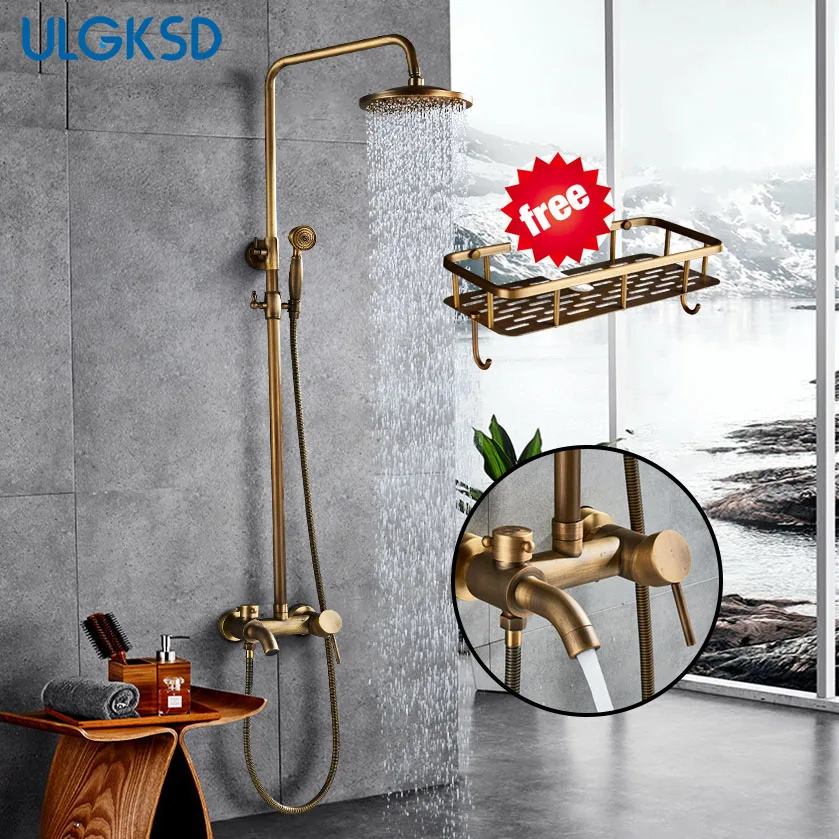 ULGKSD Antique Brass Shower Faucet Wall Mount W/ Brass Shower Head