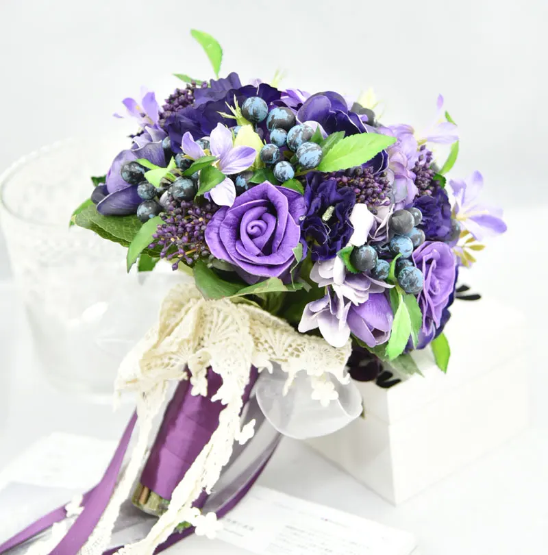

High Quality Wedding Bridal Bridesmaid Bouquet Handmade Brand Bride Bouquets Purple Artificial Flowers Holding Flower Home Decor