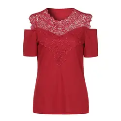Красная футболка Летняя дикая женская с коротким рукавом с открытыми плечами с круглым вырезом кружева футболки с принтом для женщин Новое