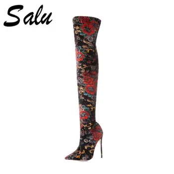 

Salu Genuine Leather stretch fabric Women over the knee Boots Sexy High Heels Pointed toe Autumn Boots Fashion Women's Shoes