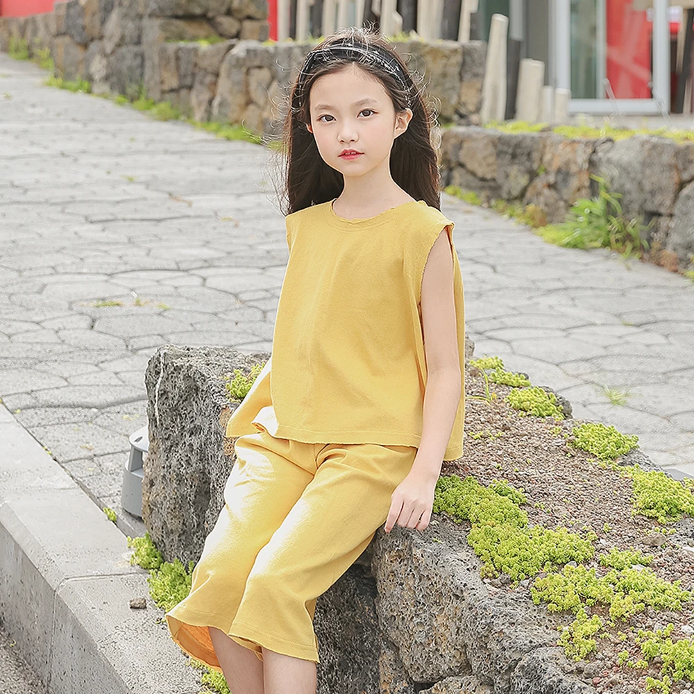 

B-S196 New Fashion Summer Girls Casual Set 5-13T Teenager Girl Solid Color Set Kids Sleeveless T-shirt+Trousers 2pcs Outfit Suit