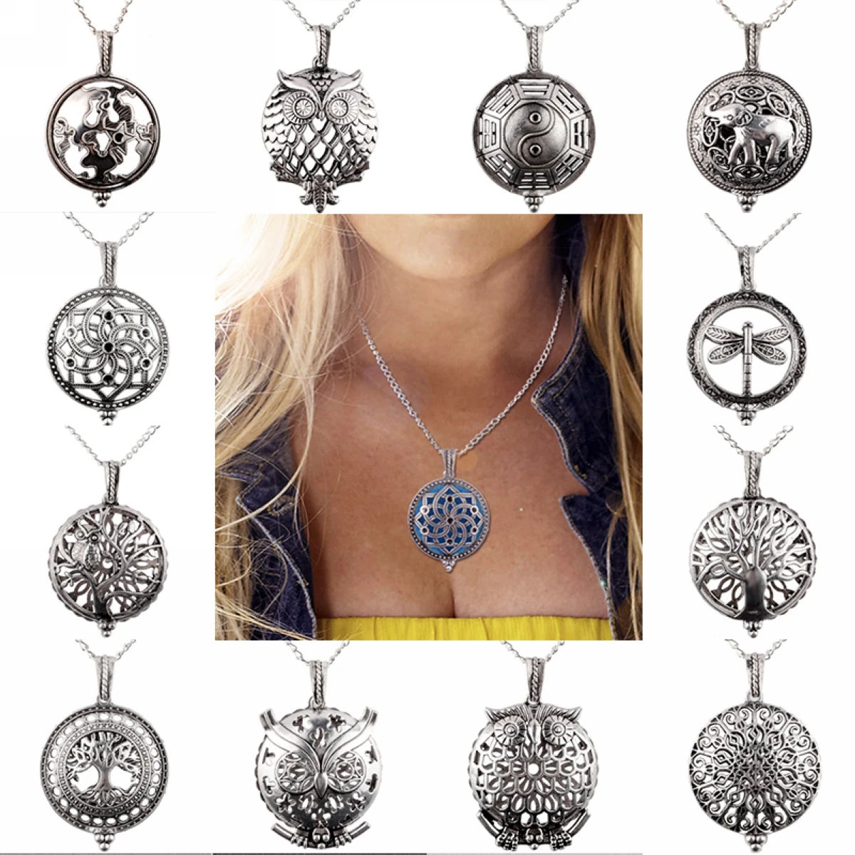

Shellhard Owl Life Tree Necklaces Vintage Aromatherapy Diffuser Essential Oil Perfume Locket Pendant Necklace Fashion Jewelry