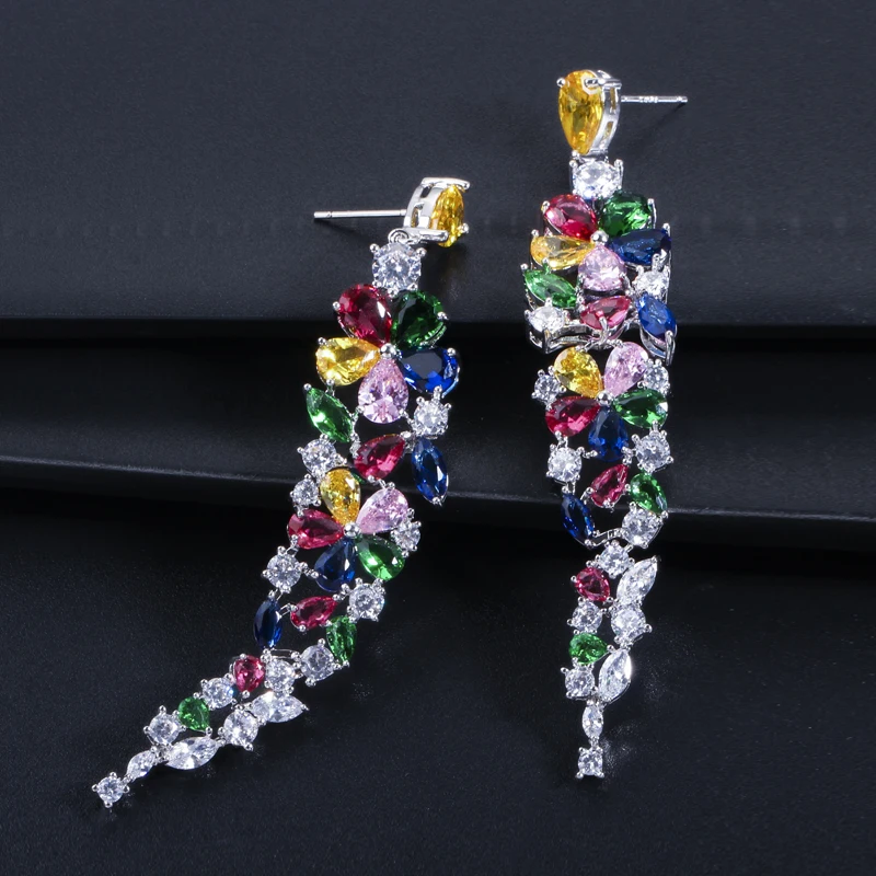 CWWZircons Multi Color Flower Shape Statement Cubic Zirconia Long Dangling Earrings Fashion Bridal Wedding Party Jewelry CZ422