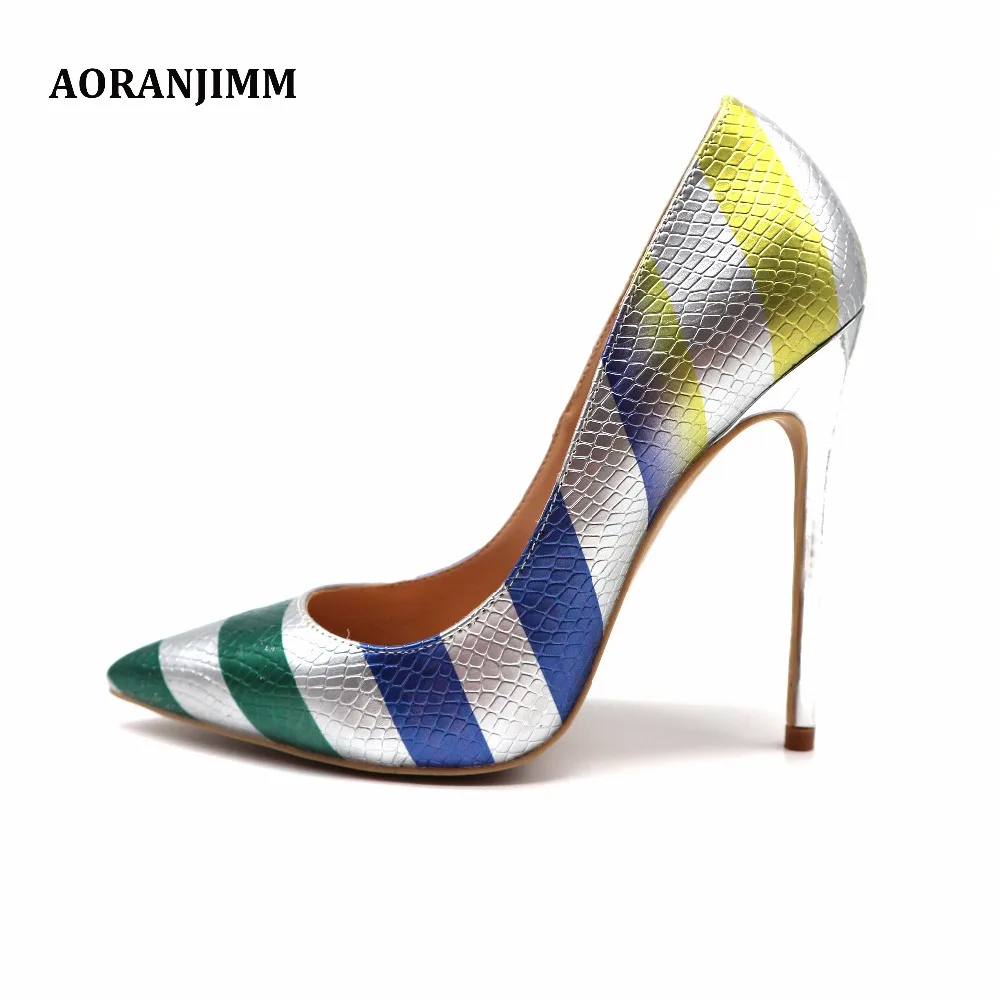 

Free shipping real pic AORANJIMM pointed toe yellow silver green blue strap snake python women lady sexy high heel shoes pump