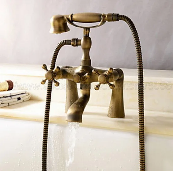 Antique Brass Deck Mounted Bathroom Clawfoot Bathtub Faucet & Hand Shower Basin Sink Mixer Tap & Hand Shower ztf018