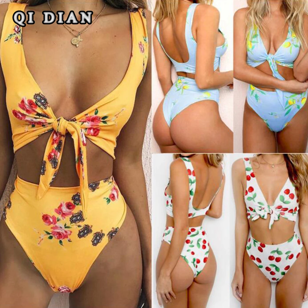 Qi Dian 2018 Bikini Set Knot Front Velvet Swimsuit High Waist Bathing