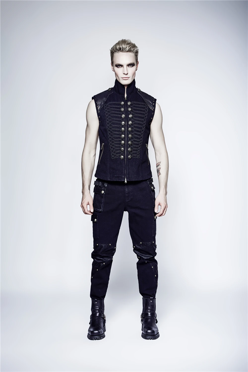 

PUNK RAVE Men's Steampunk Military Rivet Trousers Causal Cotton with Leather Slinny Trousers Gothic Black Male Denim Long Pants