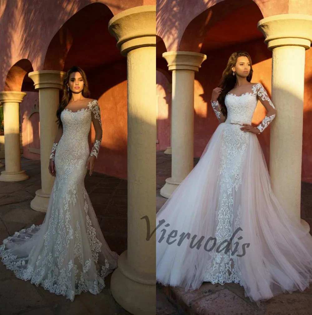 44-1           2018 Elegant Mermaid Lace Wedding Dresses With Detachable Train Sheer Neck Long Sleeve Wedding Gowns Illusion Beach robes de mariée