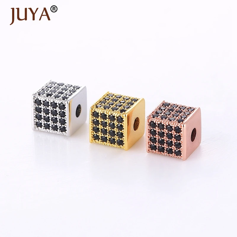 

8mm Gold Silver Rose Gold Black CZ Rhinestone Bead Findings Square-shape Cubic Spacer Beads For DIY Jewelry Making Accessories