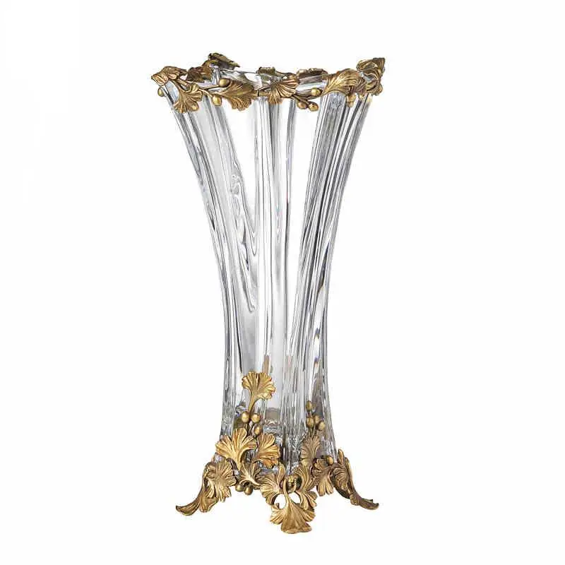 European Style Square Golden Leaf Decorative Vase Brass Base Luxury
