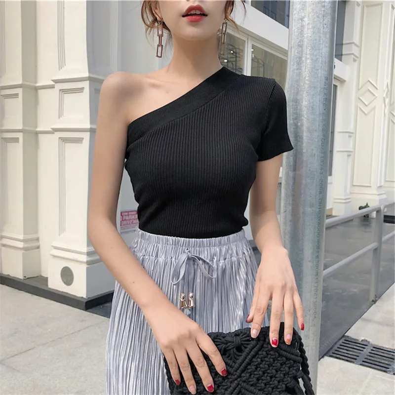 

Lychee Girls Vintage Summer Women Knitted T Shirt Skew Collar Off Shoulder Slim Short Sleeve T Shirt Tee Top Female