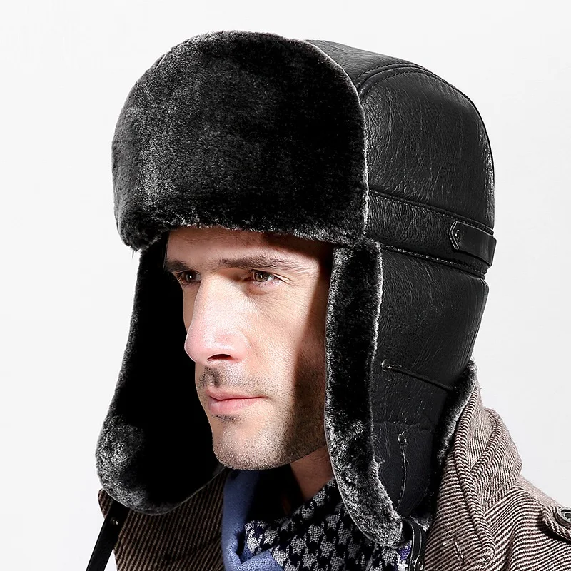 الشتاء قبعة الرجال FauxLeather يفنغ القبعات الروسية الذكور نوعية جيدة فو الفراء الدافئة الفراء قبعة الفراء مع آذان الصلبة حقيقية كاب B-7219