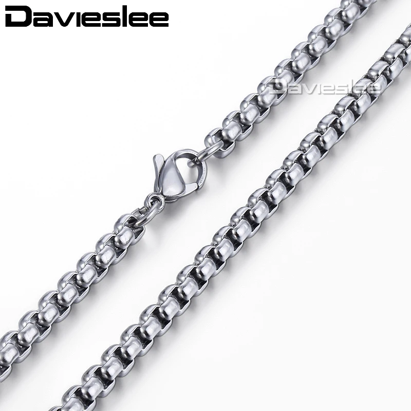 

Davieslee Mens Necklace Chain Round Box Link Silver Stainless Steel Chains Necklaces for Men Dropshipping Jewelry 3 4mm LKNM144