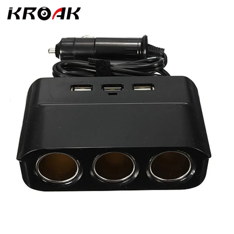 

3 Way Car Cigarette Lighter Socket Splitter Charger Power Adapter 3 USB Charger Port Plug 12V-24V Output