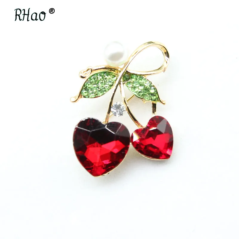 

fashion Red Crystal Heart Cherry Brooches pins Green Rhinestone Leaf plant shirt collar jewelry pins suit corsage broche