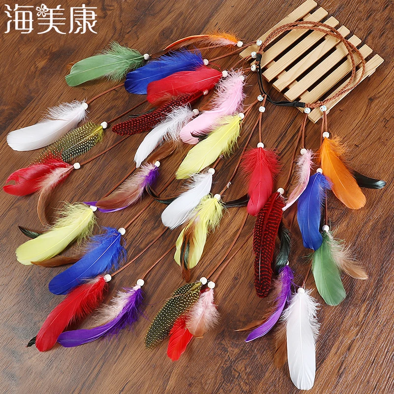 

Haimeikang Bohemian solid color feather headband lady Color feather rope headdress crown holiday wedding tiara hair accessories