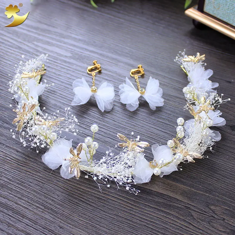 Великолепная повязка на голову для ребенка жемчужное украшение с кристаллами тиара женская свадебная корона серьги корейские аксессуары для волос 89348 - Цвет: White