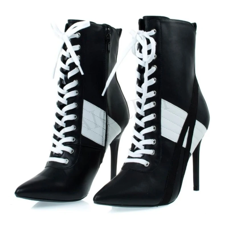 

LAIGZEM Women Black and White Lace Up Boots Back Zip High Heel Ankle Booties Shoes Woman Ladies Botines Mujer Big Size 34-47