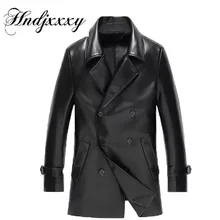 Hndjxxxyмужской кожаный Тренч средней длины весенне-осеннее кожаное пальто Верхняя одежда тонкая модная куртка