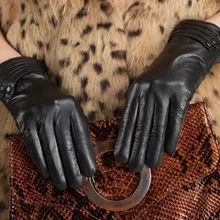 Женские теплые зимние перчатки из натуральной кожи черные