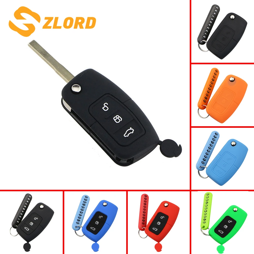 

Zlord 2Pcs Silicone Car Key Cover Case Key Chain with Phone Number Card for Ford Focus 2 Fiesta Ecosport Kuga Escape Accessiores