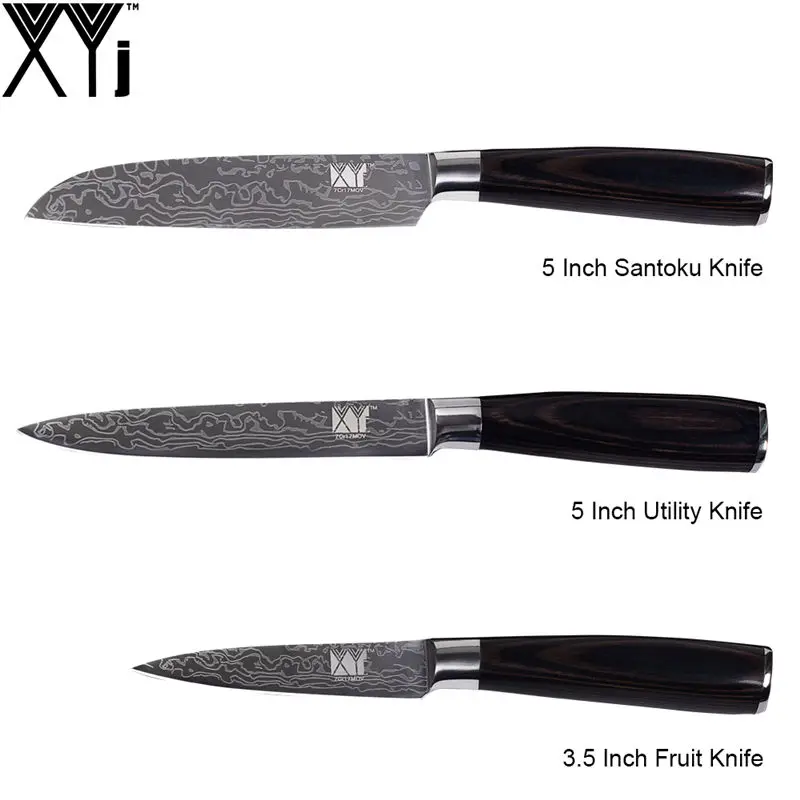 XYj набор кухонных ножей для приготовления пищи с цветной деревянной ручкой 7cr17, ножи из нержавеющей стали с узором Damasucs, кухонные принадлежности, инструменты - Цвет: E.(3 Pcs Set)