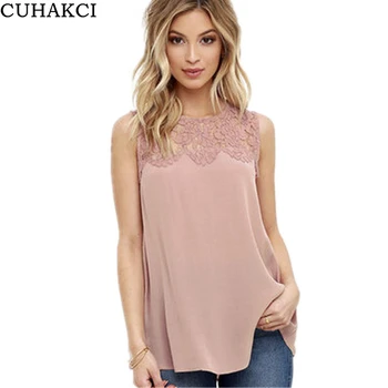 

CUHAKCI Chiffon Blosue Female tops Patchwork Floral Shirts Summer Blouses Lace Sleeveless Plus Size Vintage Women White Blouses