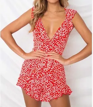 

2019 Summer Women Backless V Neck Boho Romper Sleeveless Ruffles Print Bodysuit High Waist Lace Up Beach Jumpsuits