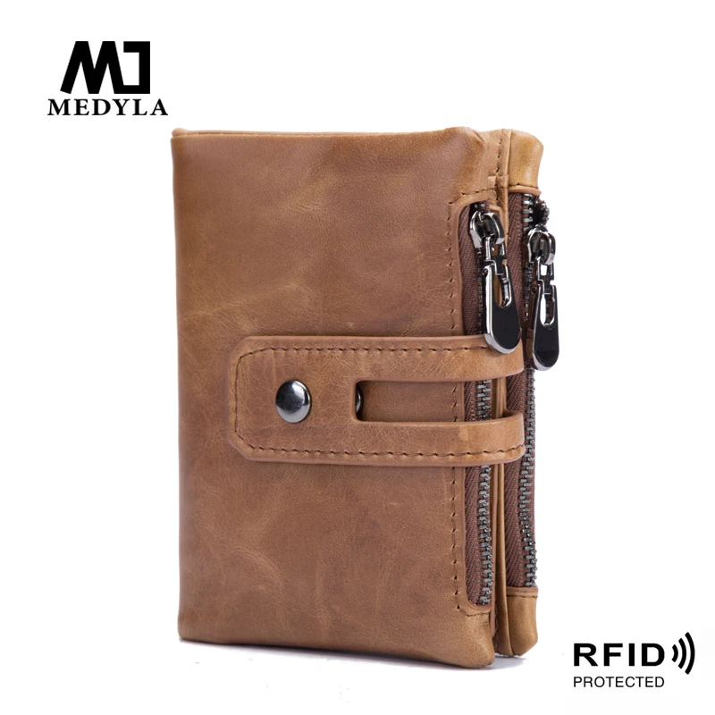 MEDYLA,, натуральная кожа, RFID кошелек, мужской кошелек, для монет, короткая сумка для денег, масло, воск, кожа, мужская, двойная молния, Большой вместительный кошелек