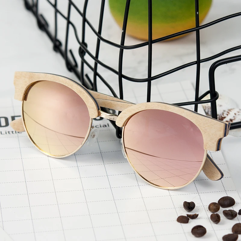 BOBO BIRD Women Sunglasses Polarized Wood Sun Glasses Retro Pink Gold Lens Glasses UV400 Gafas de sol