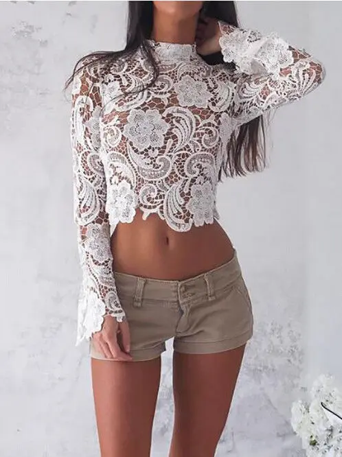 

New Fashion Women Ladies Long Sleeve Tops T-Shirts Embroidery Lace Casual Turtleneck Women Sexy Short Top Clothing