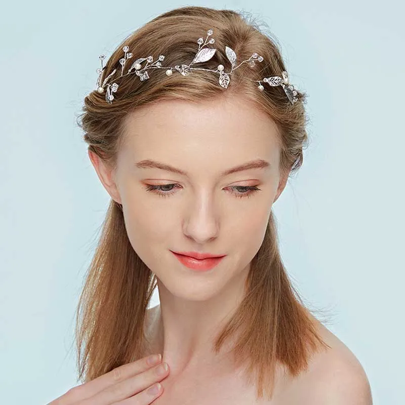 Silver Leaf Headband Handmade Pearl&Crystal Headbands for