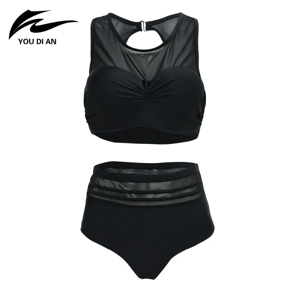 YOUDIAN New 2017 Sexy Mesh High Wasit Rose Red Sapphire Blue Two Pieces