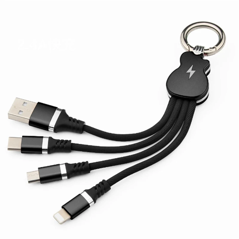 Черный Мульти 3 в 1 кабель для зарядки Micro USB TypeC дизайн гитары брелок Линия синхронизации данных для iphone кабель освещения IOS Android samsung - Цвет: Черный