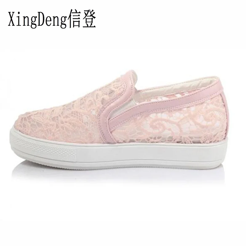 

XingDeng Ladies Summer Breathable Weaving Loafers Shoes Plus Size 30-44 Fashion Women Hollow Lace Round Toe Flats Casual Shoes