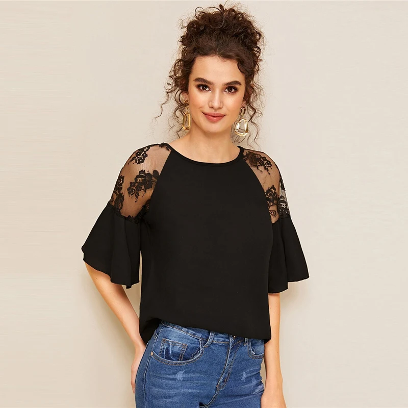 Sheinside Black Contrast Lace Trim Patchwork Blouse Women Summer Flounce Sleeve Blouses Ladies Solid Half Sleeve Top