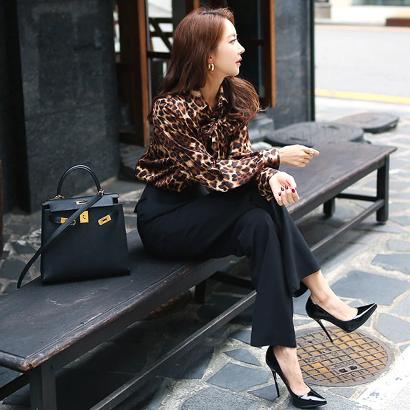 Women Sexy Two Piece Set female Leopard long Sleeves T Shirt Tops+Long Pants Korean Single Breasted Bodycon trouser suits