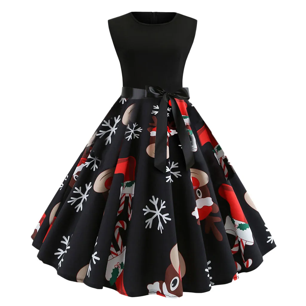 

Feitong New Arrive Lady Dress Elegant Women Sleeveless Christmas Clothes Cross Bow Tie Notes Print Vintage Dress Party Dresses