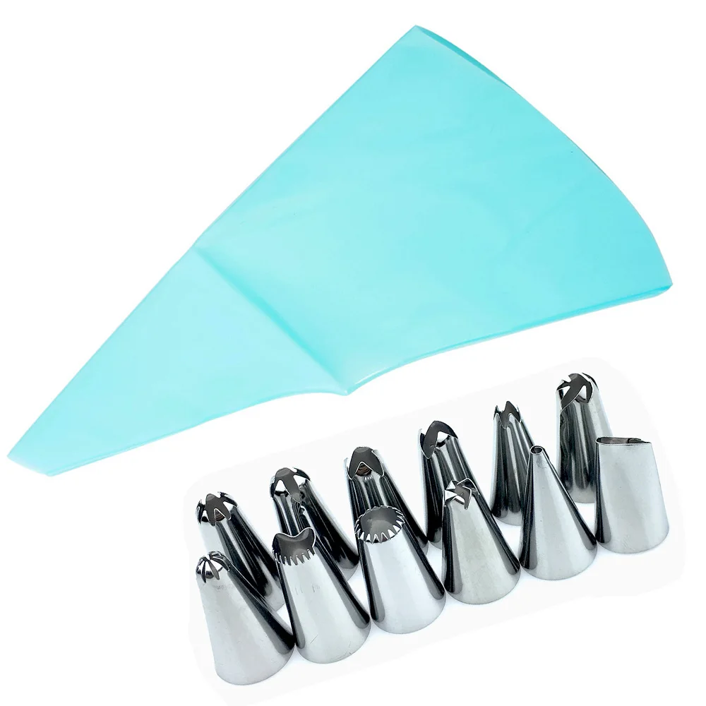 

14PC/Set Silicone Kitchen Accessories Icing Piping Cream Blue Pastry Bag +12 Stainless Steel Nozzle Tips Cake Decorating Tools