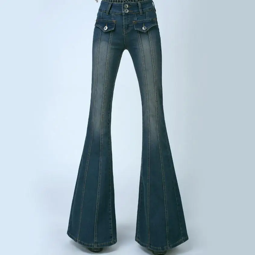 Большие размеры женские новые с высокой талией тонкие эластичные хлопковые расклешенные джинсы тонкие широкие брюки джинсы большого размера брюки wj721 - Цвет: 1