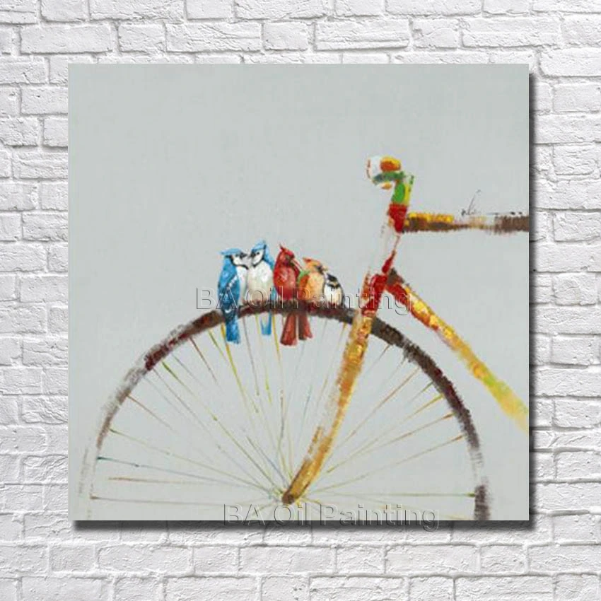 Handpainted Bird on the Bicycle Oil Painting High Quality on Canvas