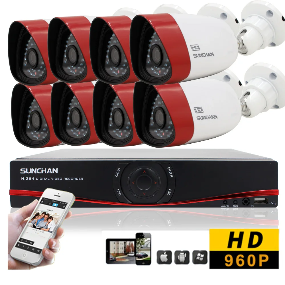 SUNCHAN HD 1.3MP AHD 1500TVL Outdoor CCTV Surveillance System 8CH 1080N AHD DVR Hybrid Kit 8*960P Security Camera System