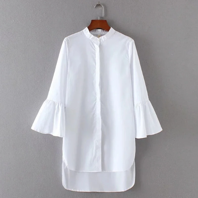 

2017 Fashion Women Solid color Stand collar Long shirts Flare Sleeve Blouses Casual Loose Tops chemise femme blusas S1668