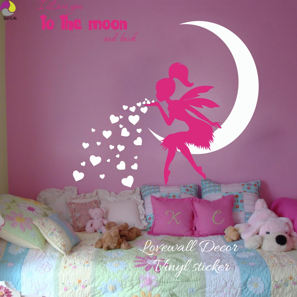Fairy Blowing Hearts Kisses Wall Sticker Baby Nursery Kids Room I Love you to moon and back Quote Wall Decal  Girl Room Vinyl (2)