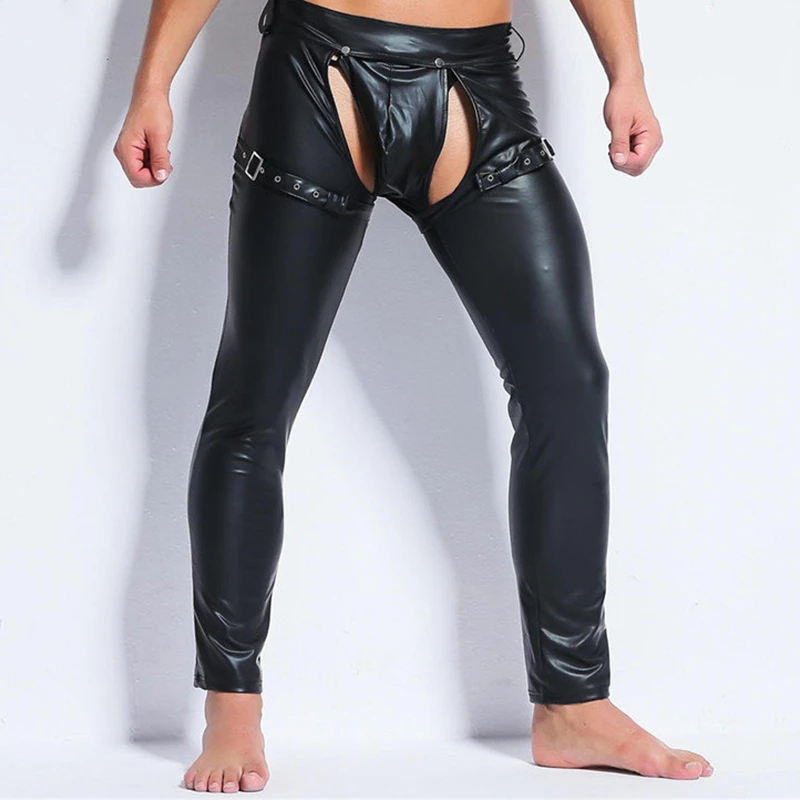 Pantalones sexys ajustados de piel sintética para hombre, pantalón negro de Wetlook, para actuaciones en club nocturno, bailarinas, pantalones de cuero con parte delantera abierta|man skinny|pu leather pantspants pants AliExpress