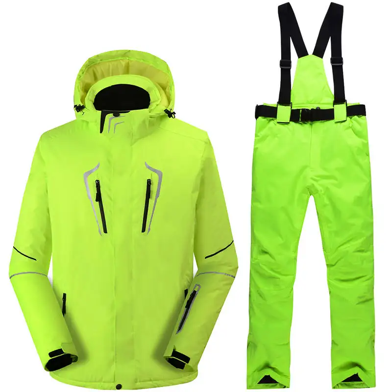 

Fluorescent green Men Snow clothing outdoor special Snowboarding sets Waterproof windproof Skiing suit jackets and belt pants