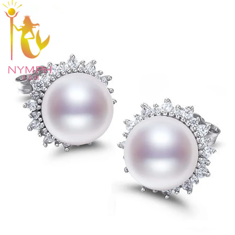 

[NYMPH] Pearl Earrings Sterling Silver Fine Jewelry 9-10mm Natural Pearl Stud Earrings For Women Trendy Wedding Gift [E10054]