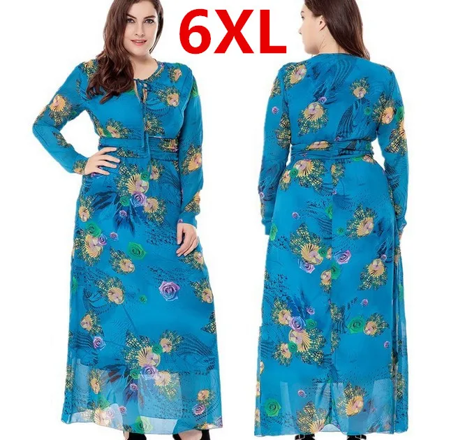 Plus Size 6XL Long Maxi Women Autumn Dresses Blue Flower Bohemian Dress font b Robe b